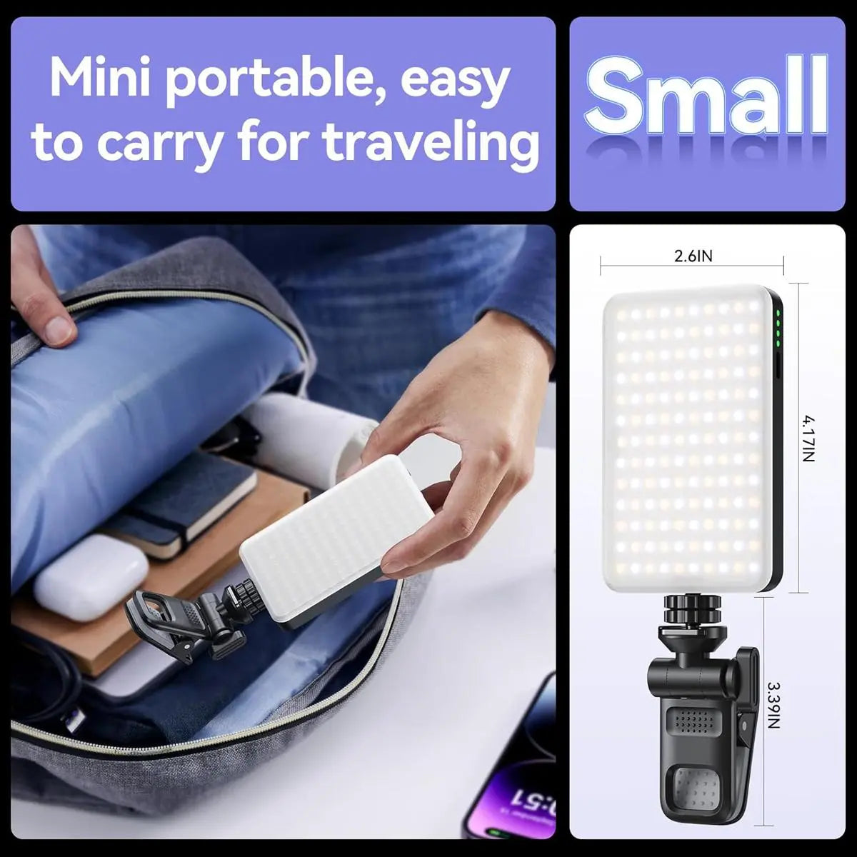 Portable LED Selfie Light with Front & Back Clip, High Power 60 LED 3000MAH Rechargeable Camera Fill Light, Camping Light Modes Clip Ring Photoshoot Light for Smartphone/Tablet/Laptop/Camera, Zoom Call Video Fill Light, Vlogging Kit, Photography Kit