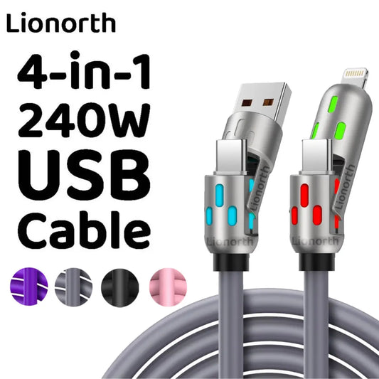 4-In-1 Multi USB Charging Cable with USB A,Type-C, and Lightning Connectors for Charging & Data Sync for Iphone16/15,Ipad Pro,Samsung & Laptops Multi-Functional Charge Usb Cable Breathing Light