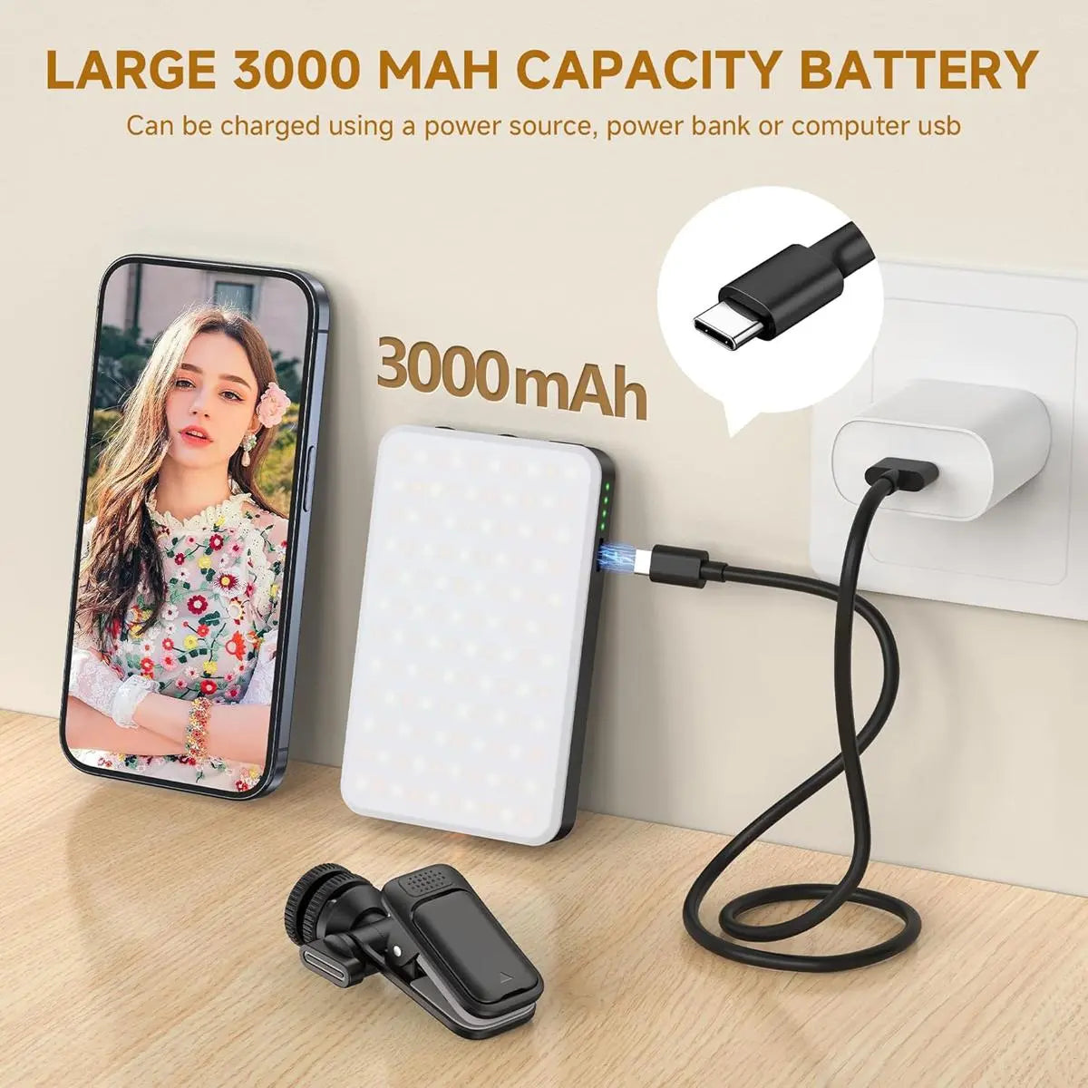 Portable LED Selfie Light with Front & Back Clip, High Power 60 LED 3000MAH Rechargeable Camera Fill Light, Camping Light Modes Clip Ring Photoshoot Light for Smartphone/Tablet/Laptop/Camera, Zoom Call Video Fill Light, Vlogging Kit, Photography Kit